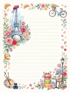 Romantic parisian eiffel tower and bicycle frame on vintage lined paper background