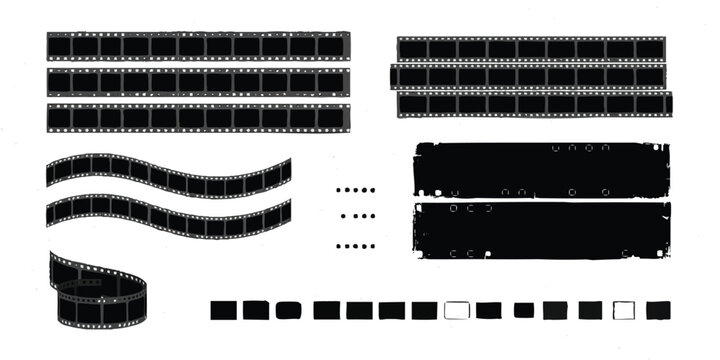 Set of black and white photographic film strips and frames in various shapes and positions for cinema design