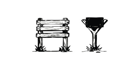 Hand drawn ink illustration of a wooden signpost and a vintage mailbox standing in the grass © mahedi