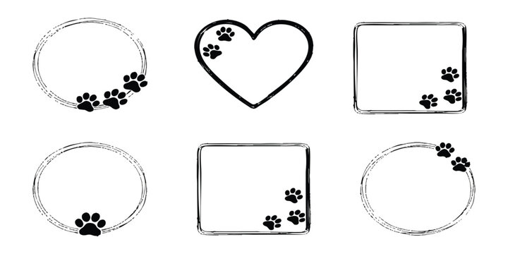 Set of hand drawn frames with dog paw prints for pet designs and decorative borders in black ink style