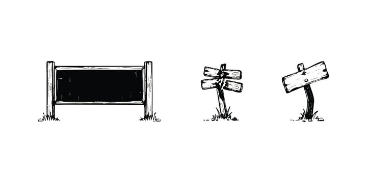 Collection of hand drawn wooden signposts and blank billboards for information and directions in sketch style