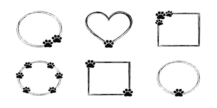 Set of hand drawn frames with animal paw prints for pet shop or dog lover design elements and decorative borders