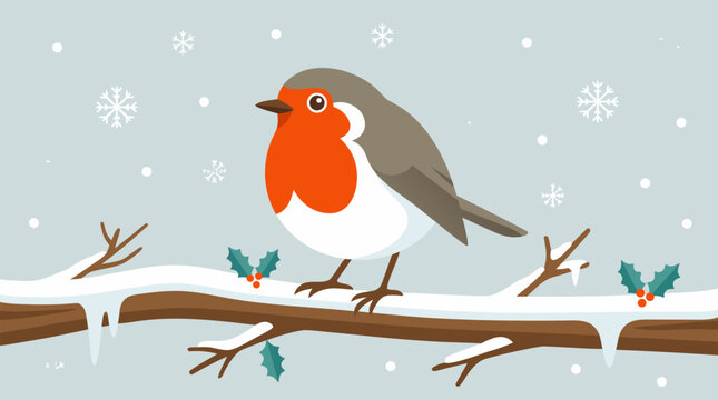 Charming plump red robin bird perched gracefully on a snow covered winter branch with delicate holly berries and soft falling snowflakes in a serene seasonal landscape setting