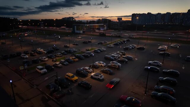 Dusk aerial view of urban parking lot and highway with moving traffic, timelapse