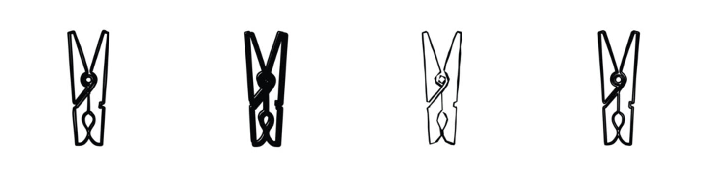 A set of four distinct line drawings depicting traditional wooden clothespins, presented against a clean white backdrop for clarity