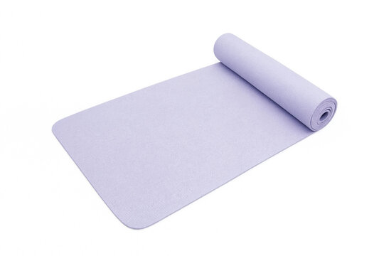 Light purple yoga mat partially unrolled on white background with exercise wellness stretching equipment