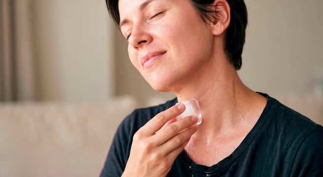 Woman cooling neck with ice cube. Female refreshing skin during hot summer day. Cold therapy for relief and beauty routine. Skincare practice at home in room.