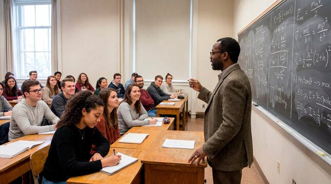 Professor teaching mathematics to students at a chalkboard in a university classroom