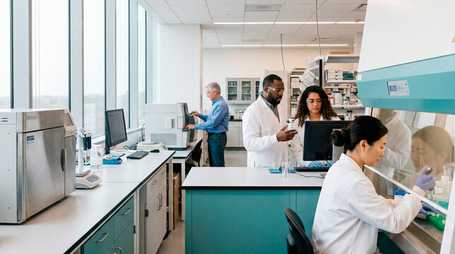 Diverse team of scientists working together in a modern research laboratory