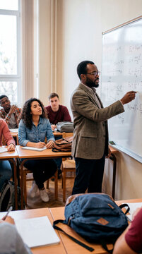 Male teacher writing formulas on a whiteboard for students in a science class