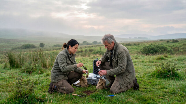 Two field researchers examining soil samples in a remote grassland at dawn