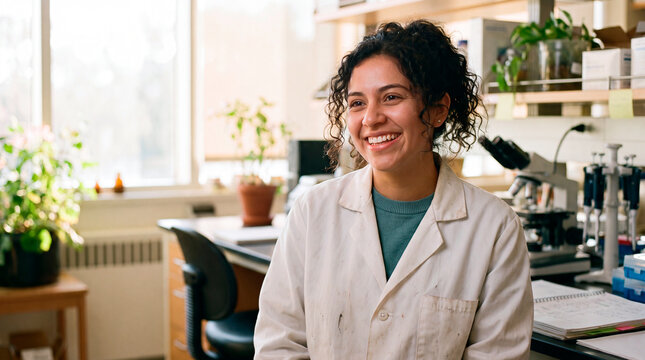 Smiling female scientist standing in a laboratory filled with plants and equipment