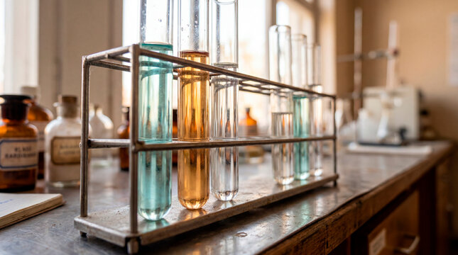 Vintage test tube rack with colored solutions on an antique laboratory bench