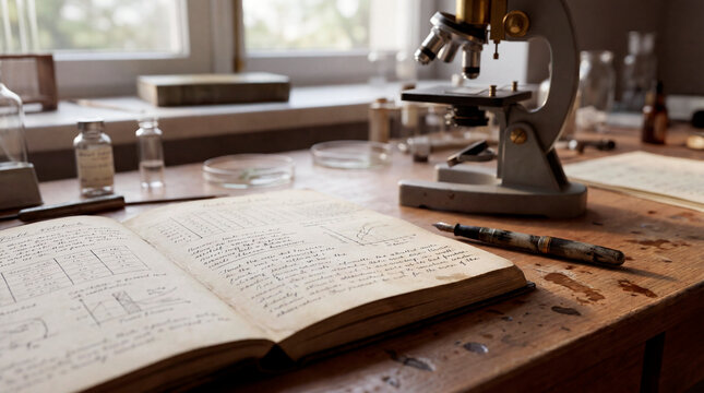 Vintage laboratory desk with an open notebook microscope and petri dishes