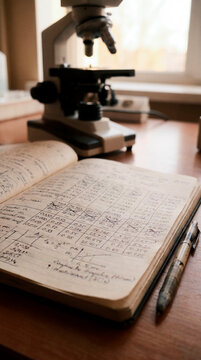 Antique microscope beside an open handwritten notebook on a wooden desk