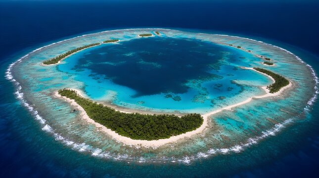 Aerial view of a tropical coral atoll with turquoise lagoon, palm lined sandbars, and deep blue ocean, perfect for luxury travel and vacation marketing.