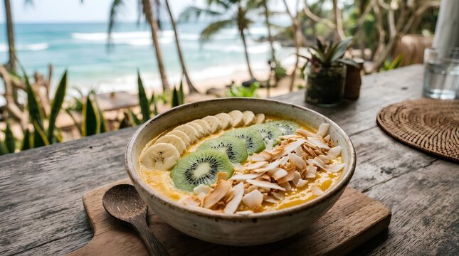 A tropical smoothie bowl topped with banana, kiwi, and coconut sits on a rustic table overlooking a palm lined beach, ideal for healthy travel dining promotions.