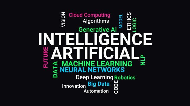 Artificial intelligence word cloud animation on black background with kinetic typography movement and futuristic digital tech terms.