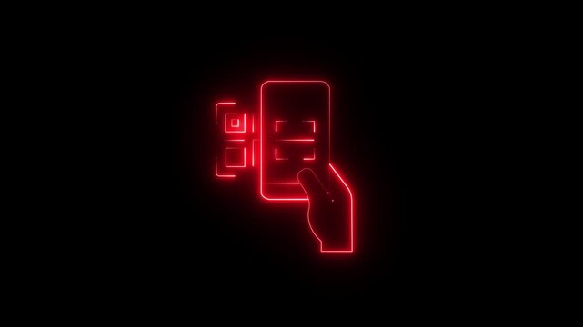 Modern glowing neon mobile QR code scan icon animation isolated on a black background. Features a smartphone with scanning frame and QR code symbol, representing contactless payments, digital