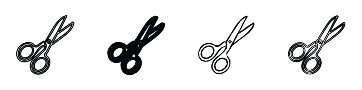 A set of four distinct scissor illustrations, varying in style from solid black to detailed outlines, presented on a white background