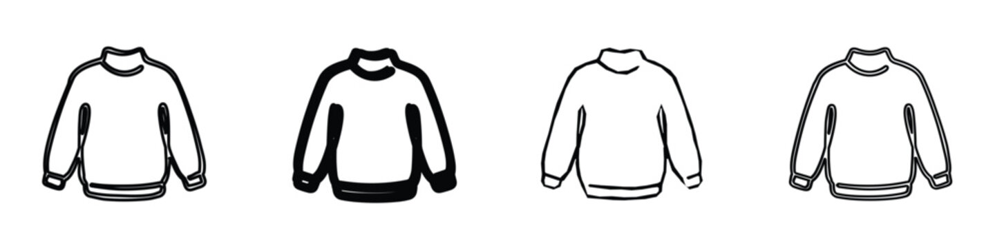Four distinct hand-drawn outlines of a warm, long-sleeved sweater with a mock neck, presented in a clean, minimalist style