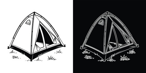 Simple black and white line art drawing of camping tent © Ahsanul