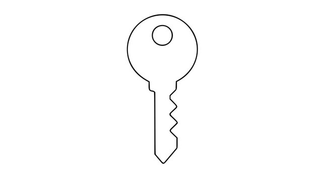 Simple upright house key vector icon with rounded bow and jagged teeth, precise black outline illustration for door access, home security, real estate, locksmith labels, privacy, and user interfaces