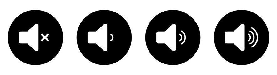 Sound Volume Icons Set, Mute to Max Audio Control Glyphs in Black Circles, User Interface Elements © Tabungan Piknik
