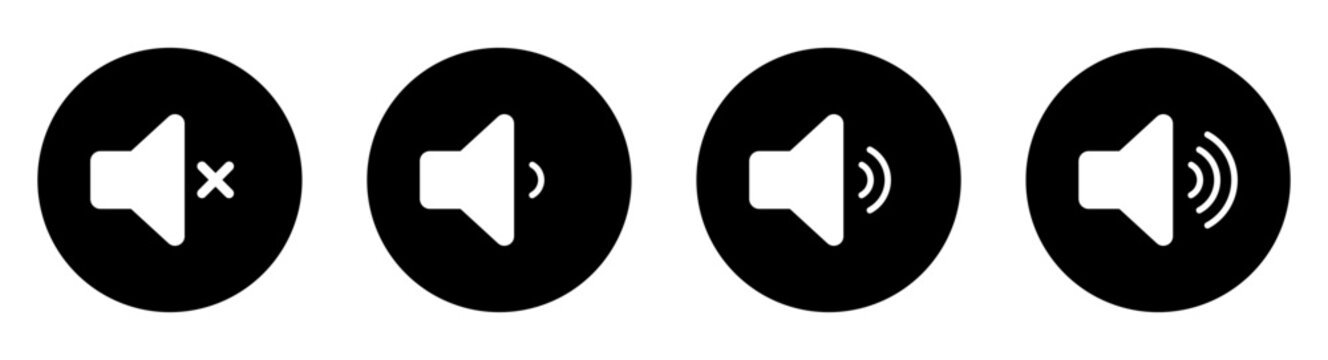 Sound Volume Icons Set, Mute to Max Audio Control Glyphs in Black Circles, User Interface Elements