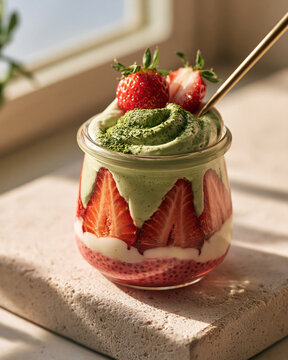 Delightful breakfast dessert jar with fresh strawberries and creamy layers