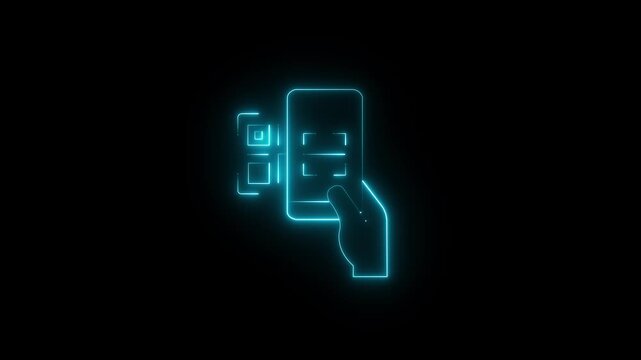 Modern glowing neon mobile QR code scan icon animation isolated on a black background. Features a smartphone with scanning frame and QR code symbol, representing contactless payments, digital