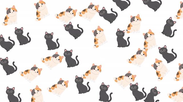 Multiple cute black grey calico cats pattern design icons suitable for web graphics, cards, stationery, and cat lover merchandise.