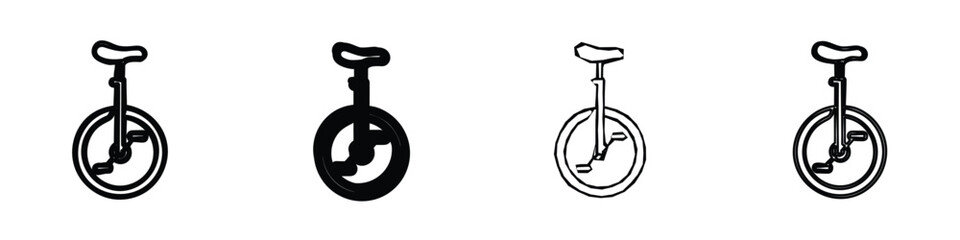 Collection of four distinct unicycle illustrations, showcasing different line weights and fill styles for versatile design applications © 7Author