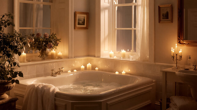 Romantic bathroom interior creating a cozy spa atmosphere with illuminated candles and a bubble bath for relaxation