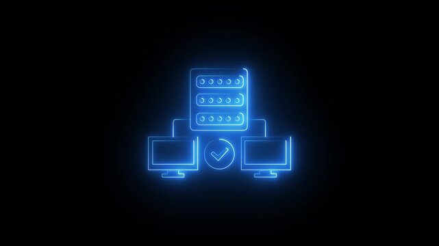 Minimal glowing neon server network infrastructure icon animation on a black background. Animated line art featuring a central server connected to multiple computer monitors