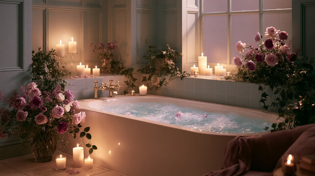 Romantic bubble bath in a luxurious bathroom with flickering candles and pink flowers for relaxation