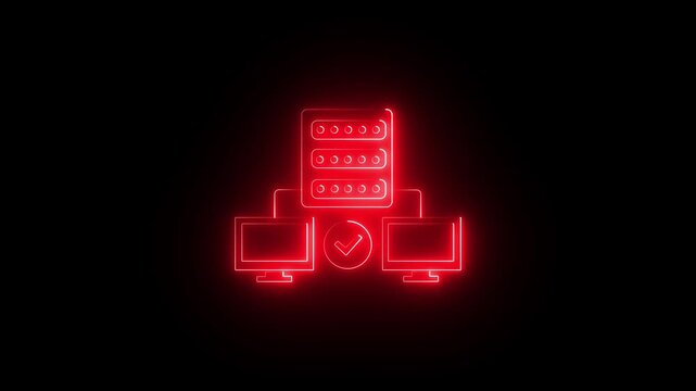 Minimal glowing neon server network infrastructure icon animation on a black background. Animated line art featuring a central server connected to multiple computer monitors