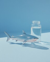 Naklejka premium Plastic Shark Model with Water Jar on Blue Background