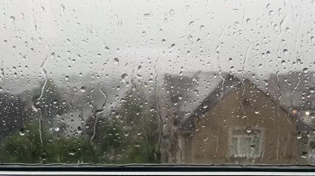 Eye-level view showing heavy rain hitting glass window with blurred residential house and tree background during stormy weather