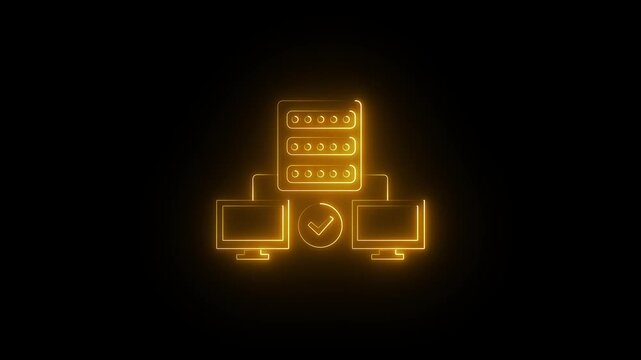 Minimal glowing neon server network infrastructure icon animation on a black background. Animated line art featuring a central server connected to multiple computer monitors