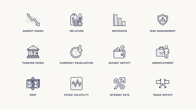 Set of twelve economic crisis and finance icons in simple vector style . Vector Flat Illustration.