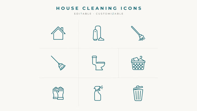 Minimalist house cleaning icons set of nine editable and customizable symbols . Vector Flat Illustration.