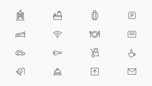 Set of sixteen simple flat icons for travel, accommodation, and services . Vector Flat Illustration.