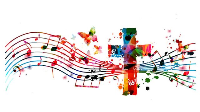 Colorful Christian cross with animated music notes background