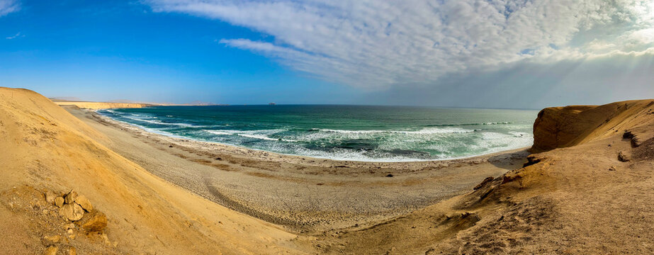 Peru, South America: breathtaking aerial and panoramic view of Playa Supay, one of the most famous beaches in the Paracas National Reserve, a protected natural area on the southern coast 
