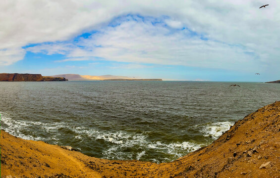 Peru, South America: breathtaking aerial and panoramic view of the landscape hiking on the cliffs of the Paracas National Reserve, a protected natural area on the southern coast