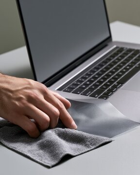 Removable Privacy Filter Sheet Being Applied to Laptop Screen with Microfiber Cloth
