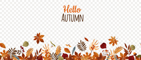 Fallen autumn leaves. Seamless border. Frame. Hello fall. Herbarium. Forest. Leaves of various shapes and sizes. Maple, oak, birch, poplar, chestnut, rowan, willow, rose hips. Vector illustration. © FRIEVA