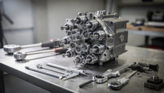 Close medium shot showcasing intricate placement of shoes and retainer plate on axial piston block using specialized bench tools in industrial workshop.