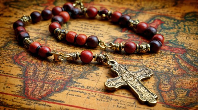 Rosary Beads on Antique Map: A detailed close-up shows a vintage rosary with wooden and metallic beads resting on an aged, textured map, evoking a sense of history and spiritual journey.